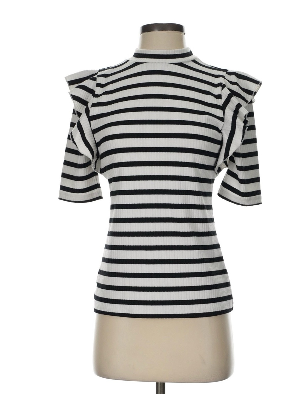 Ann Taylor Black & White Striped Ruffle Sleeve Top